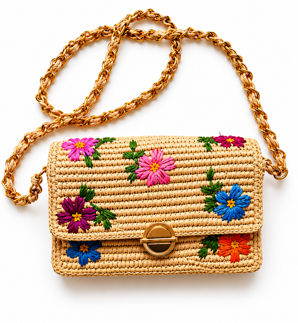 Sac bandoulière en raphia brodé - modèle B
